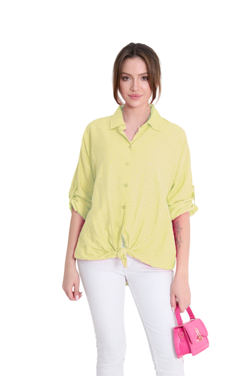 Italian Lagenlook Button Through Tie Front Stud Embellished Collared Shirt Blouse