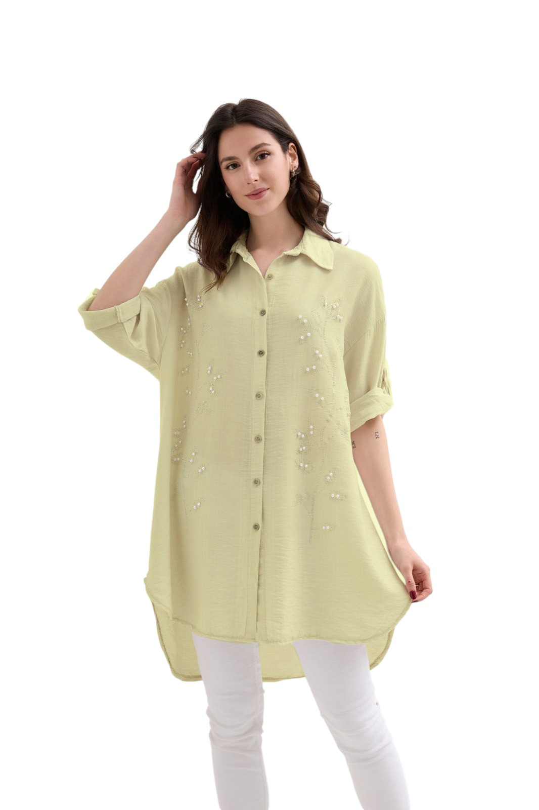 Ladies Italian Lagenlook Oversized Collared Shirt with Sparkle Embellishment Detail