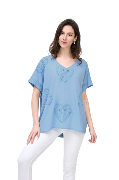 Love Heart Embroidered Broderie Cotton Top Women's Casual Summer Top T-shirt Tee