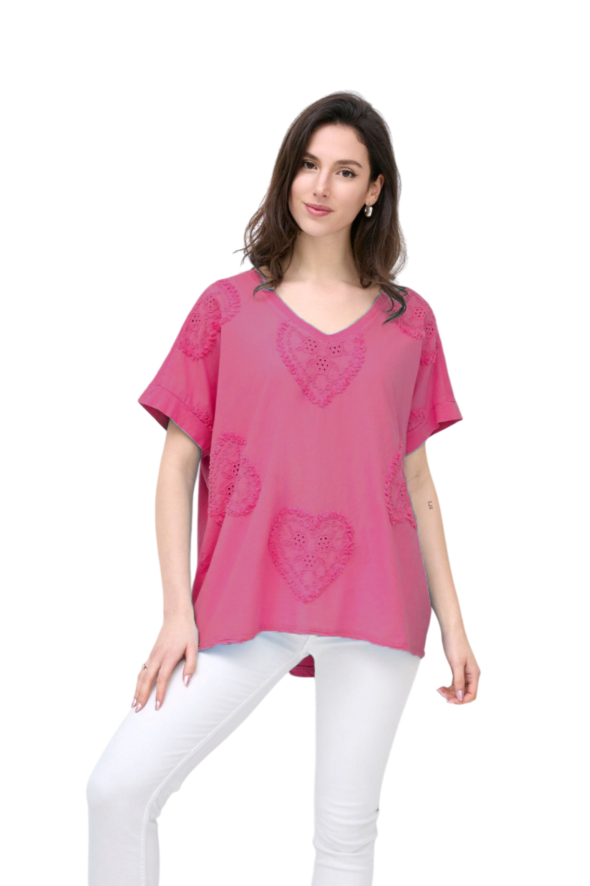 Love Heart Embroidered Broderie Cotton Top Women's Casual Summer Top T-shirt Tee