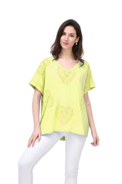 Love Heart Embroidered Broderie Cotton Top Women's Casual Summer Top T-shirt Tee
