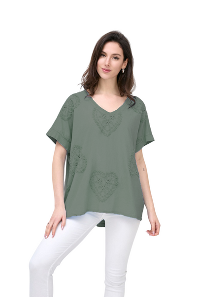 Love Heart Embroidered Broderie Cotton Top Women's Casual Summer Top T-shirt Tee