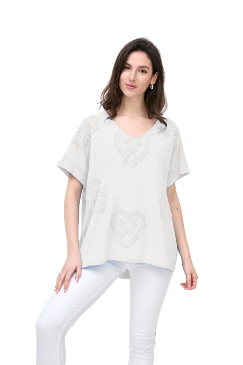 Love Heart Embroidered Broderie Cotton Top Women's Casual Summer Top T-shirt Tee