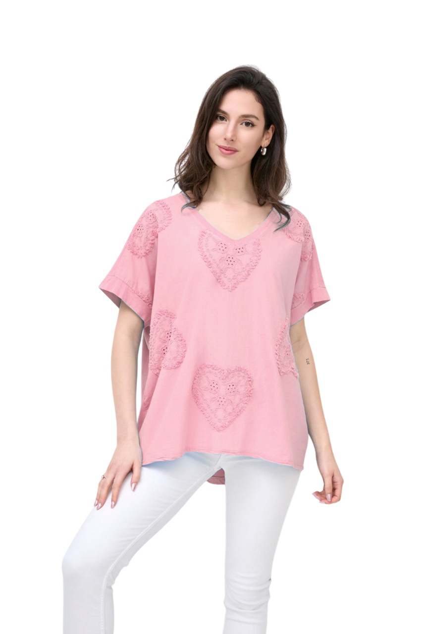 Love Heart Embroidered Broderie Cotton Top Women's Casual Summer Top T-shirt Tee