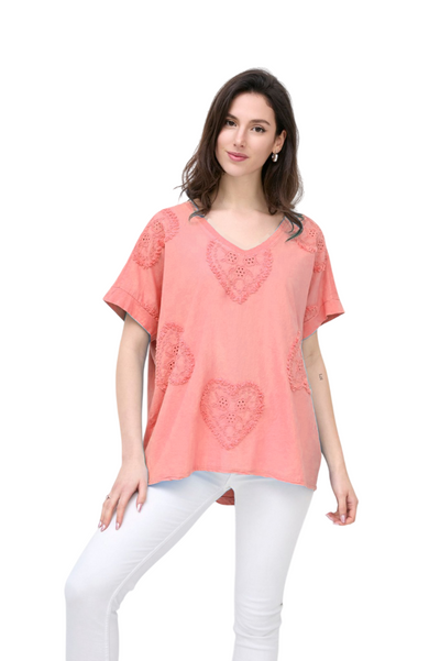 Love Heart Embroidered Broderie Cotton Top Women's Casual Summer Top T-shirt Tee