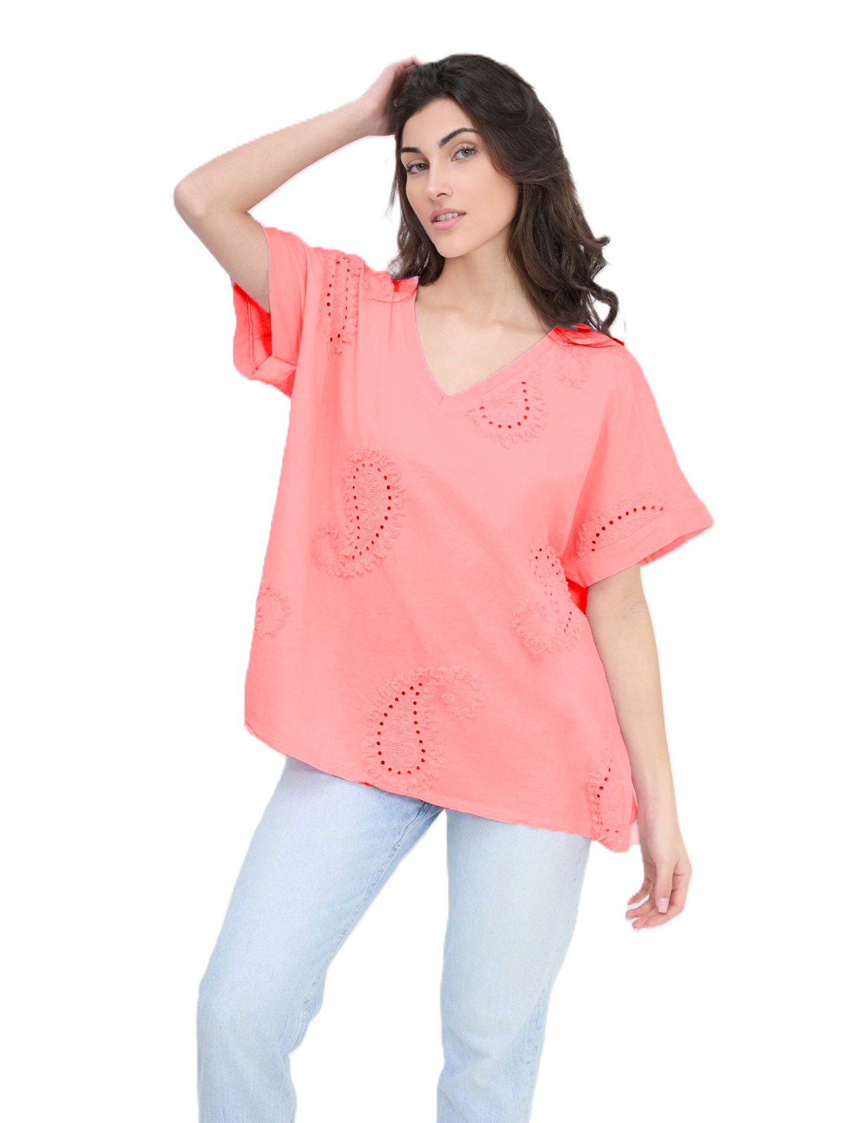 Paisley Embroidered Broderie Cotton Top Women's Casual Summer Top T-shirt Tee