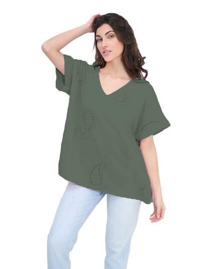 Paisley Embroidered Broderie Cotton Top Women's Casual Summer Top T-shirt Tee