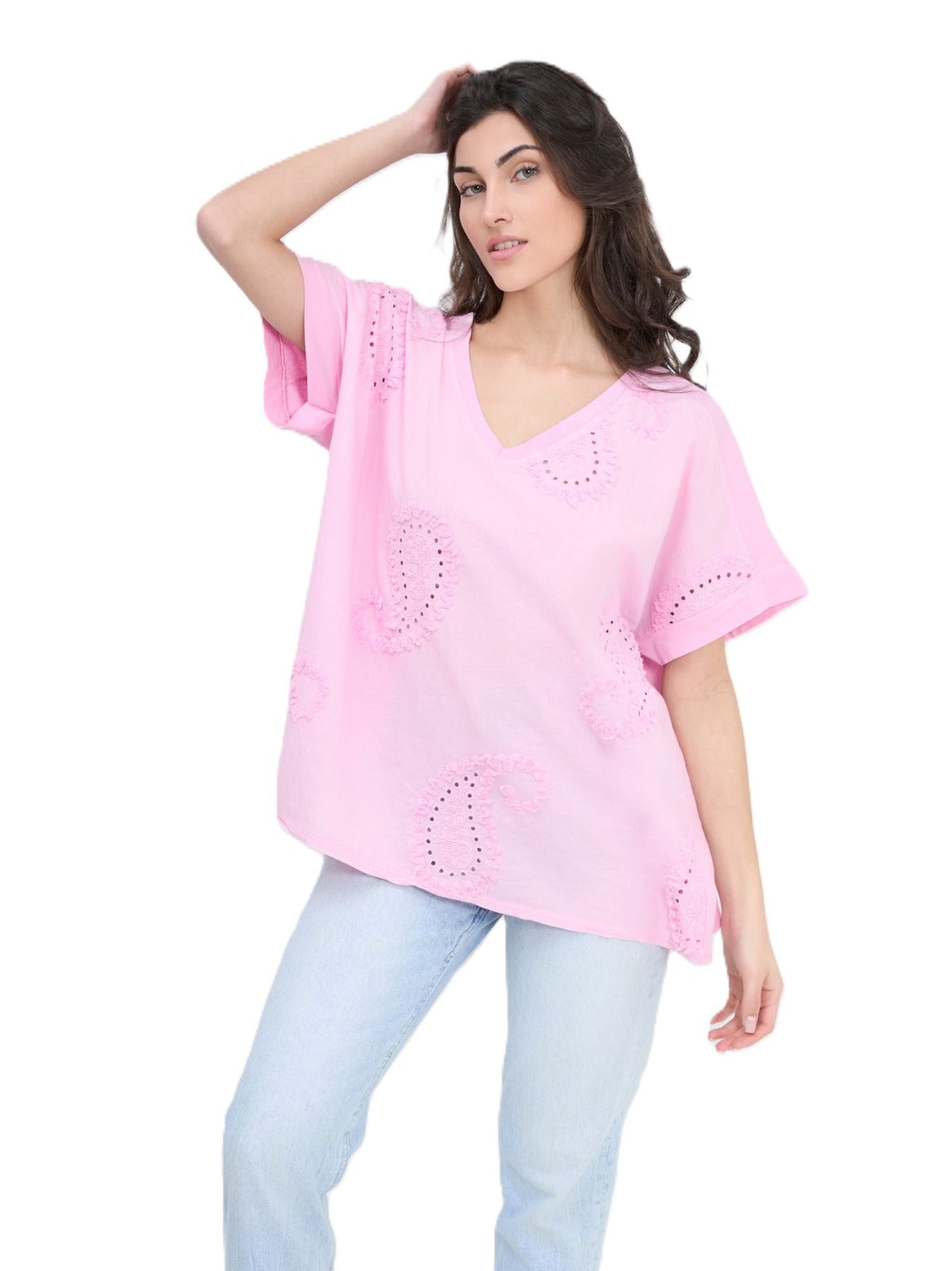 Paisley Embroidered Broderie Cotton Top Women's Casual Summer Top T-shirt Tee