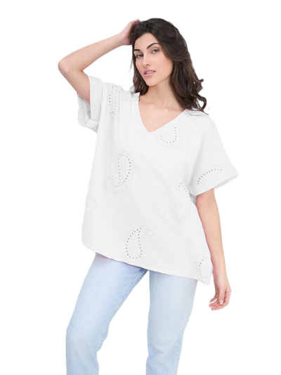 Paisley Embroidered Broderie Cotton Top Women's Casual Summer Top T-shirt Tee