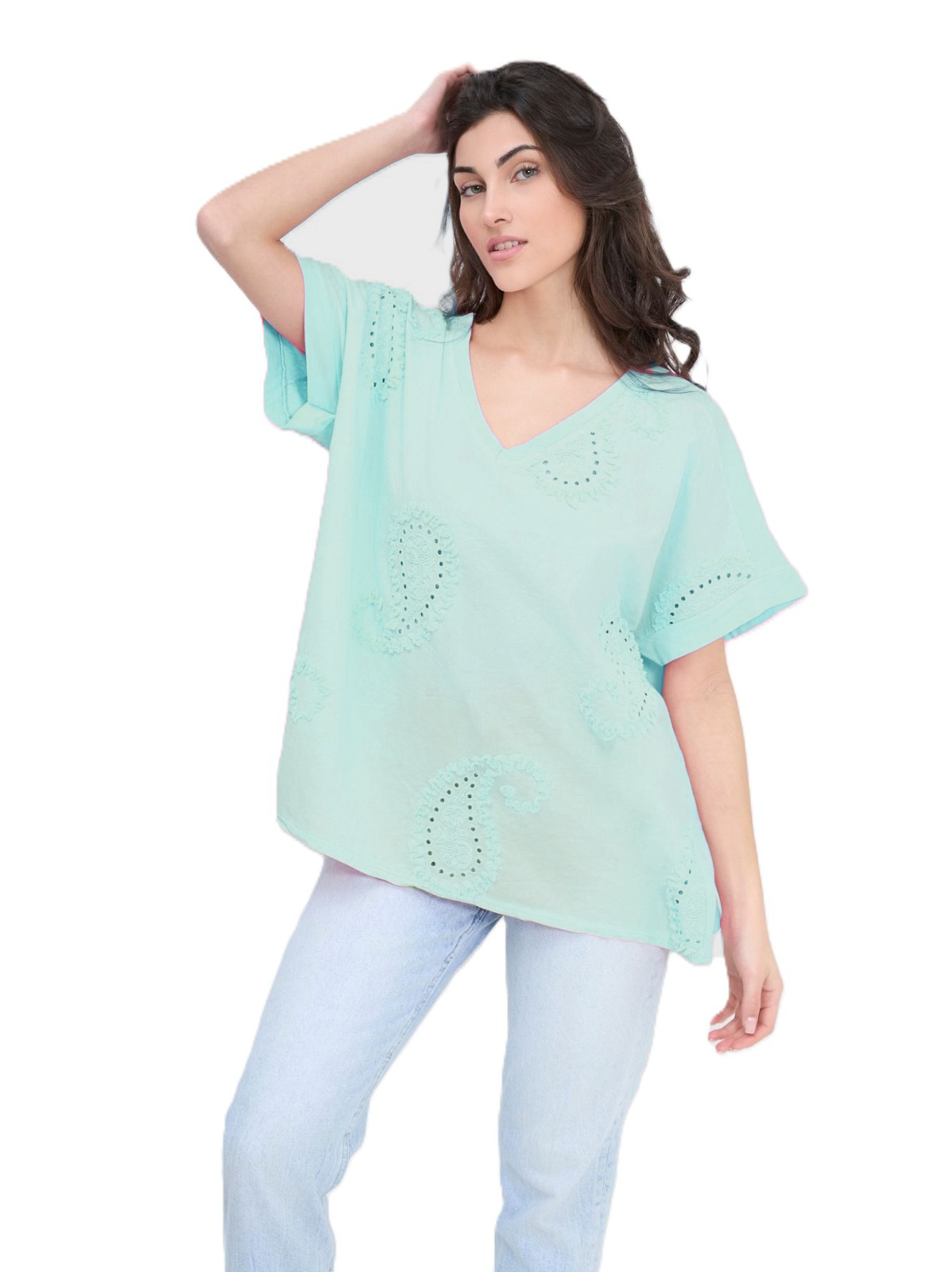 Paisley Embroidered Broderie Cotton Top Women's Casual Summer Top T-shirt Tee