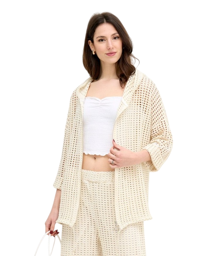 Italian Lagenlook Mesh Zip Through Fishnet Hoodie Summer Hooded Crochet Top