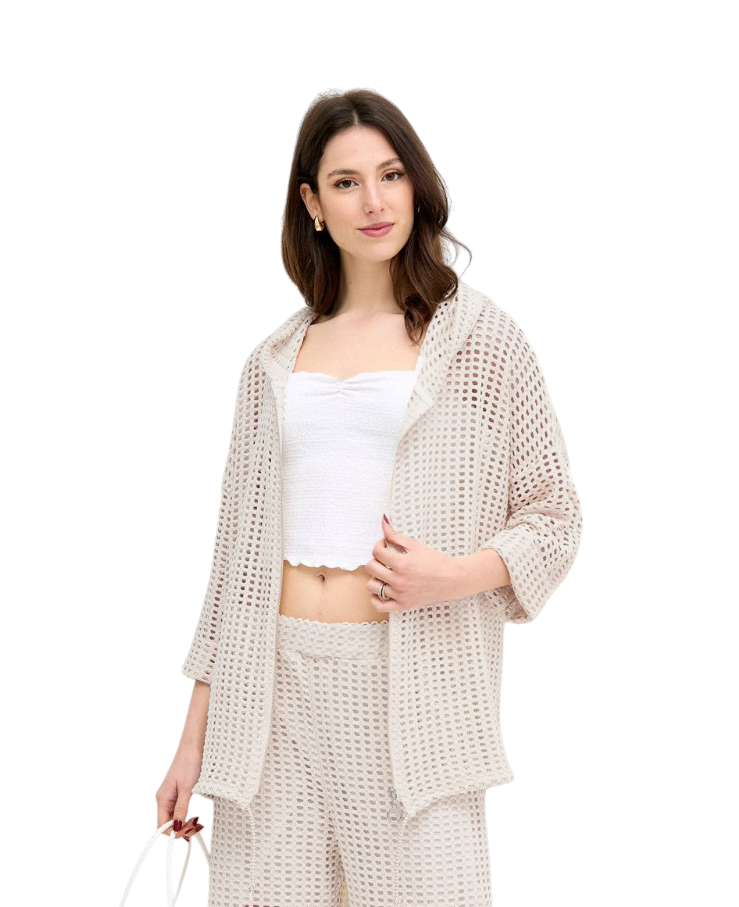 Italian Lagenlook Mesh Zip Through Fishnet Hoodie Summer Hooded Crochet Top