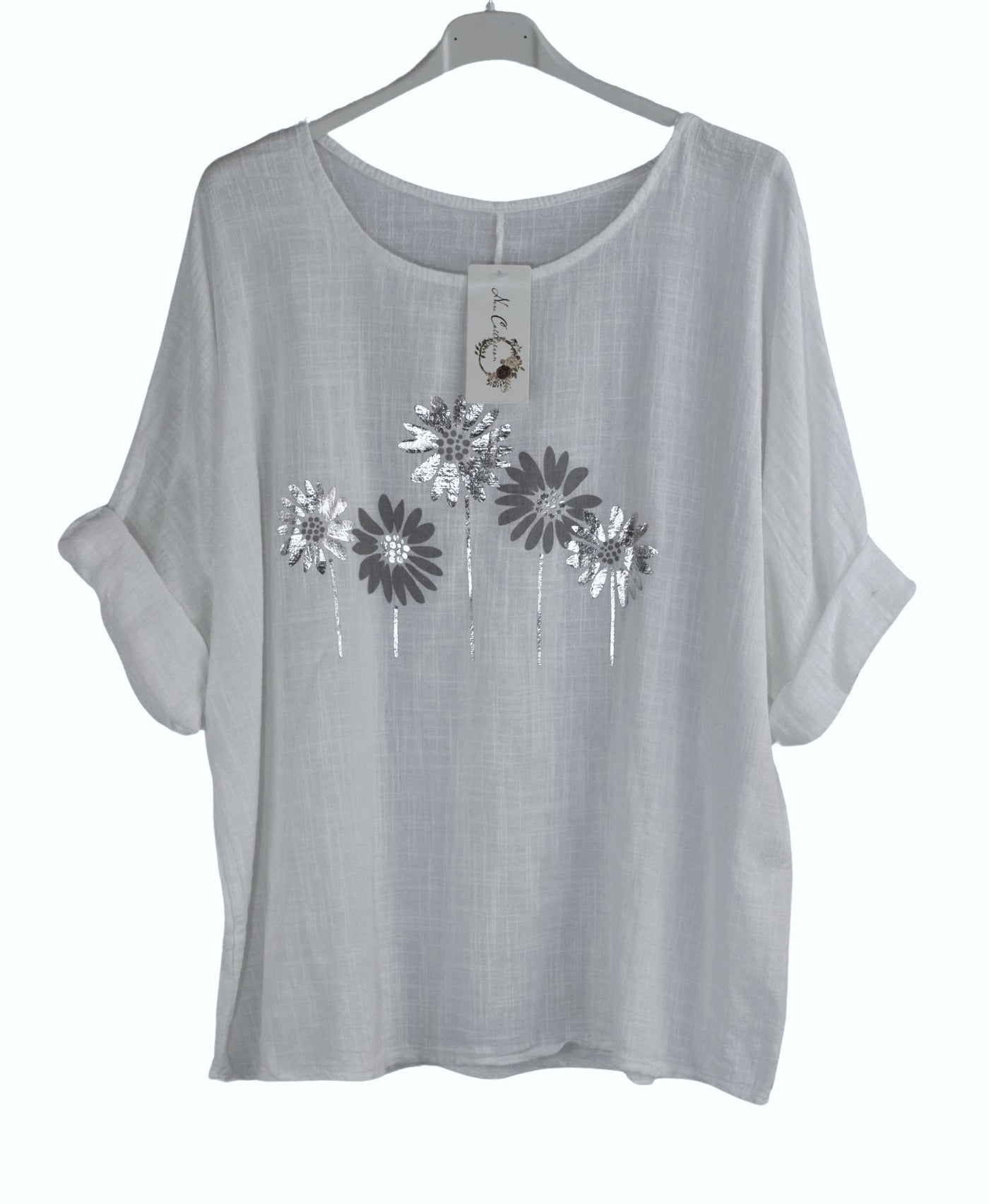 Foil Daisy Floral Cotton Top Women's Summer Tunic Tee Lightweight Holiday Top