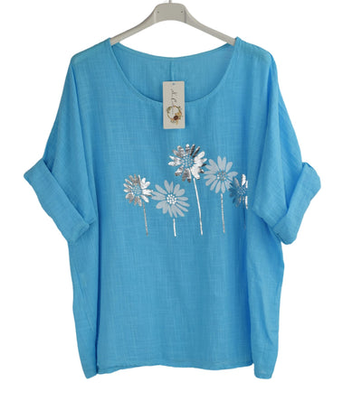 Foil Daisy Floral Cotton Top Women's Summer Tunic Tee Lightweight Holiday Top