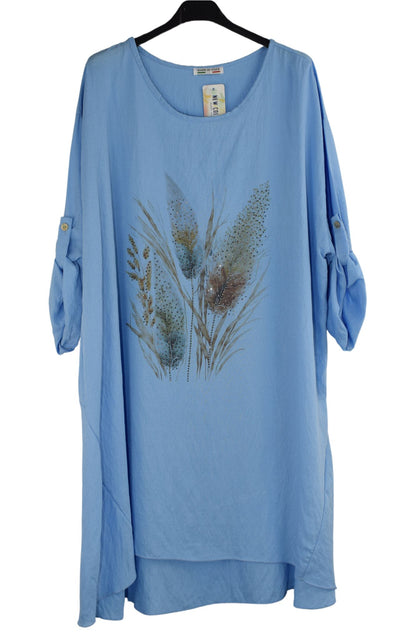 Oversized Embellished Wheat Print Tunic Top with Hi-Lo Hemline Knee Length A-Line