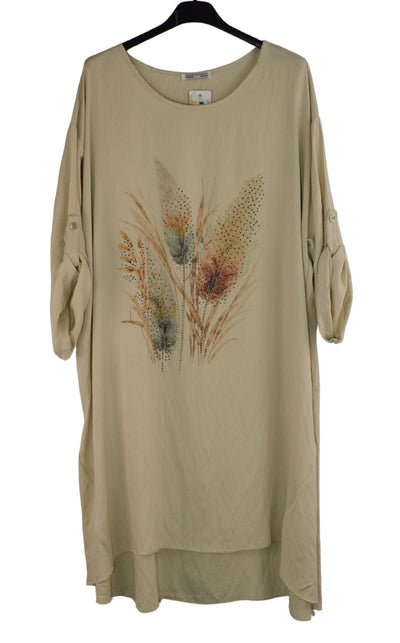 Oversized Embellished Wheat Print Tunic Top with Hi-Lo Hemline Knee Length A-Line