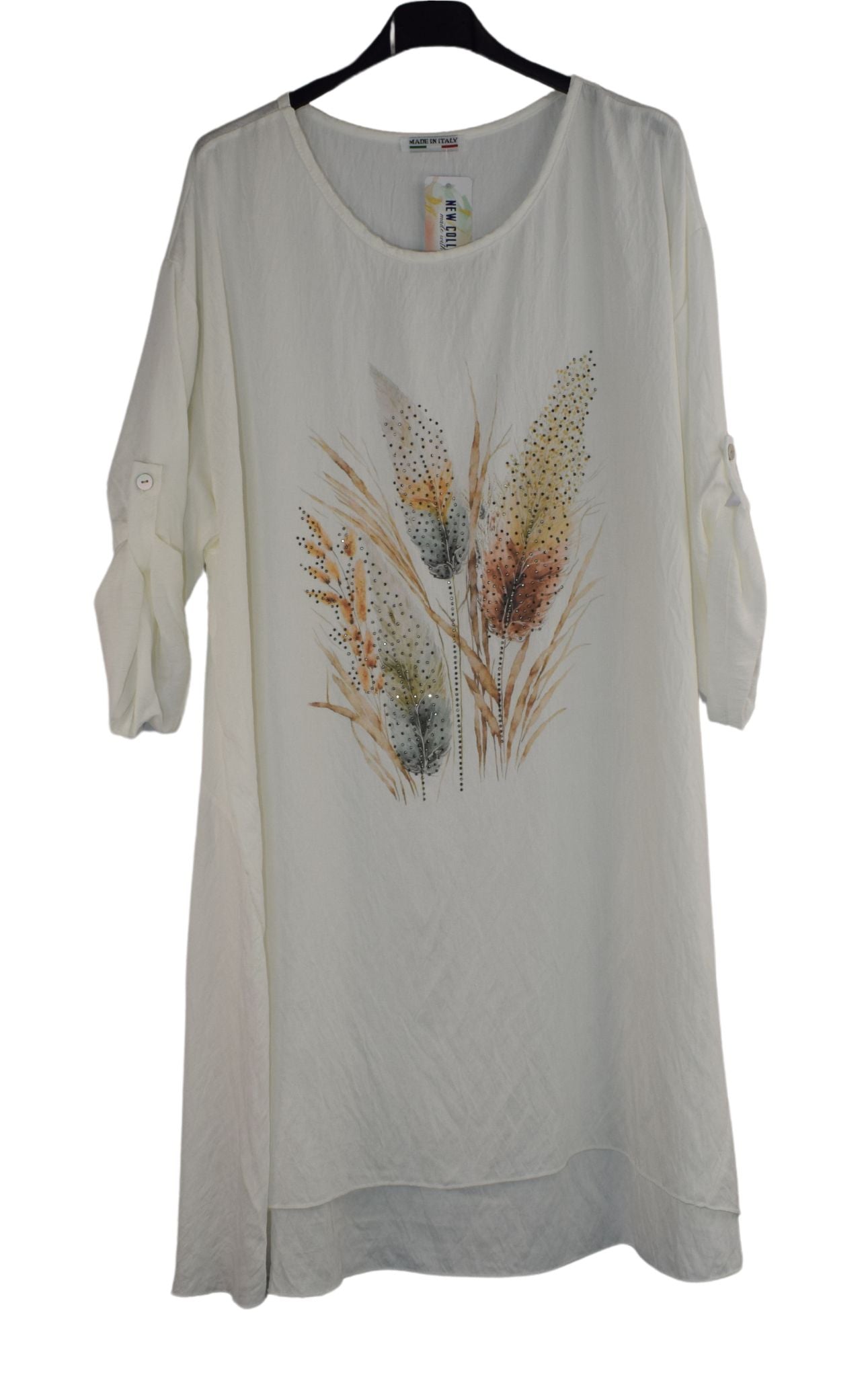 Oversized Embellished Wheat Print Tunic Top with Hi-Lo Hemline Knee Length A-Line