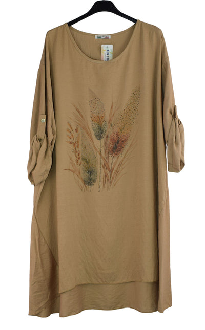 Oversized Embellished Wheat Print Tunic Top with Hi-Lo Hemline Knee Length A-Line