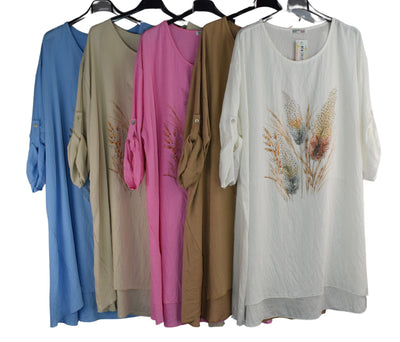 Oversized Embellished Wheat Print Tunic Top with Hi-Lo Hemline Knee Length A-Line