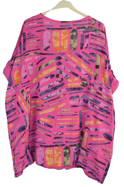 Quirky Colourful Line Print Oversized Cotton Top Casual Summer Top With Pockets