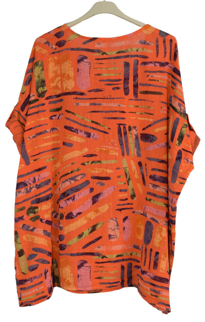 Quirky Colourful Line Print Oversized Cotton Top Casual Summer Top With Pockets