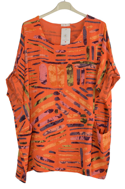 Quirky Colourful Line Print Oversized Cotton Top Casual Summer Top With Pockets