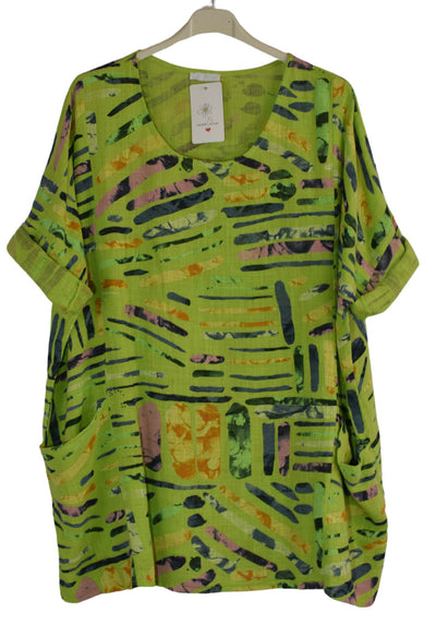 Quirky Colourful Line Print Oversized Cotton Top Casual Summer Top With Pockets