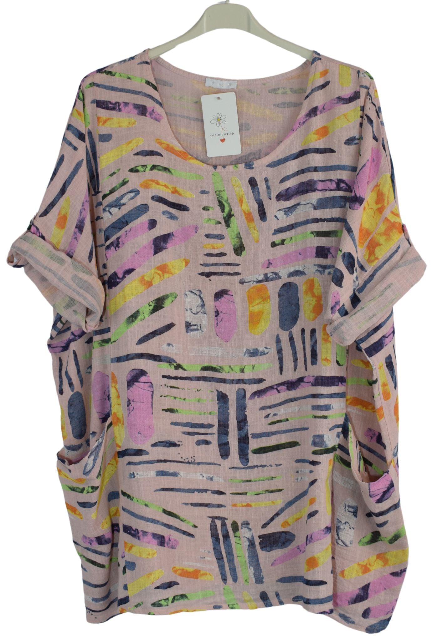 Quirky Colourful Line Print Oversized Cotton Top Casual Summer Top With Pockets