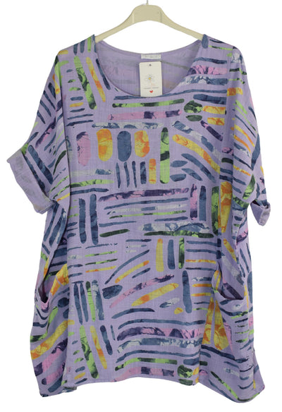 Quirky Colourful Line Print Oversized Cotton Top Casual Summer Top With Pockets