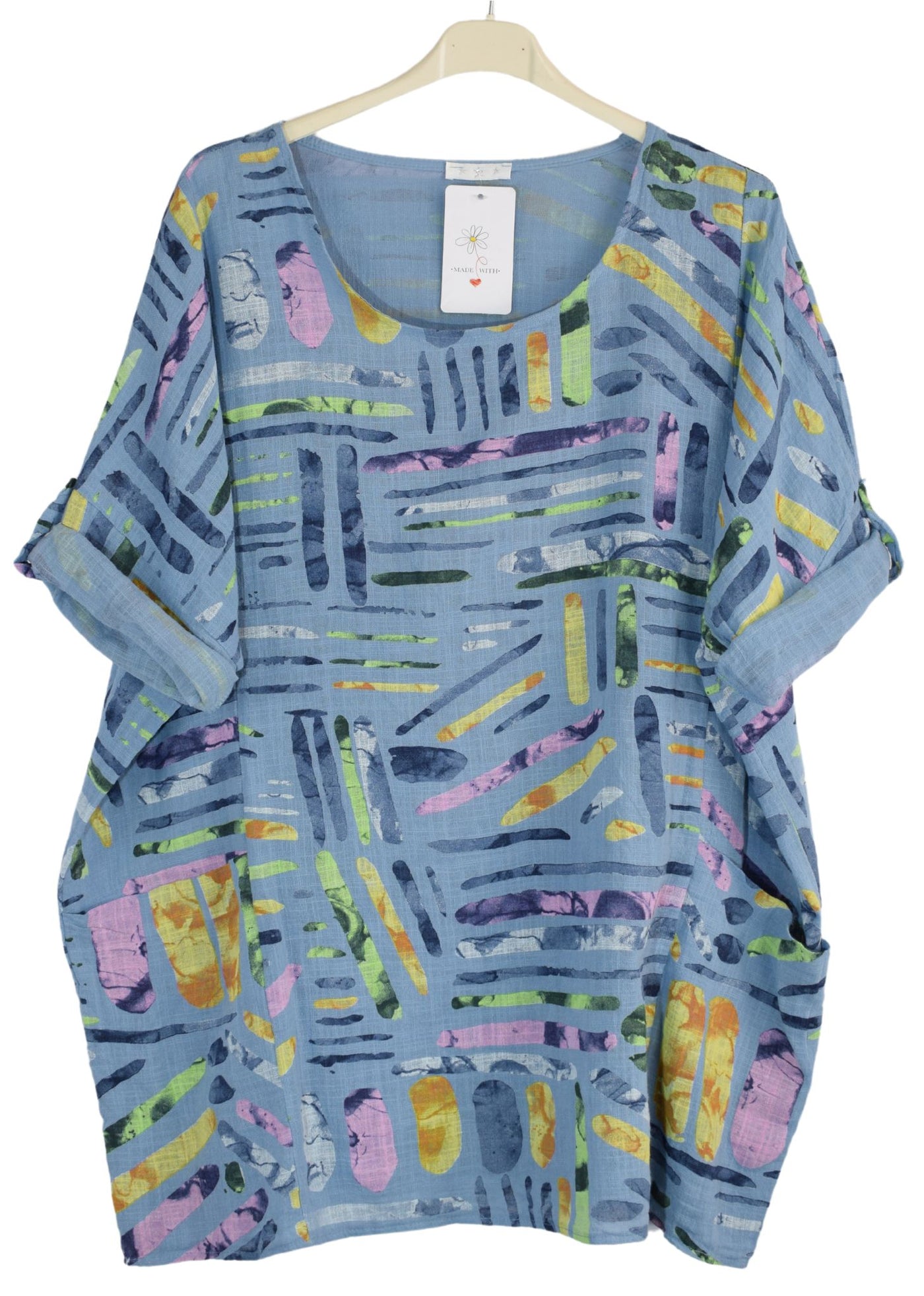 Quirky Colourful Line Print Oversized Cotton Top Casual Summer Top With Pockets