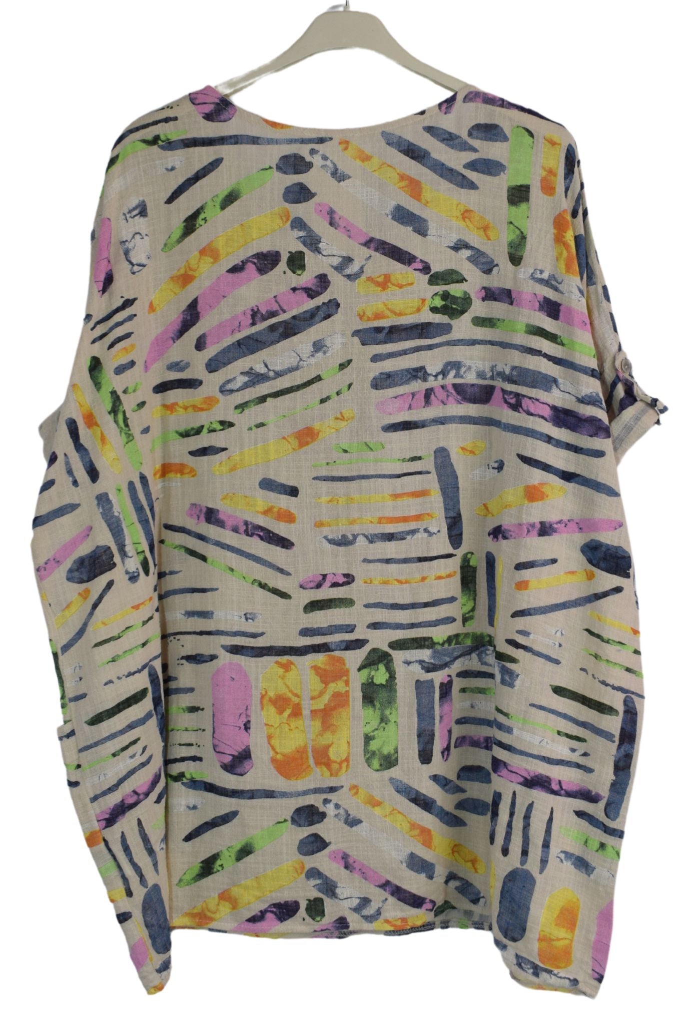 Quirky Colourful Line Print Oversized Cotton Top Casual Summer Top With Pockets