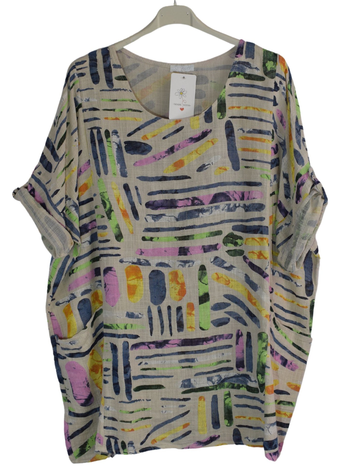 Quirky Colourful Line Print Oversized Cotton Top Casual Summer Top With Pockets