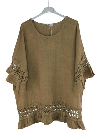 Italian Lagenlook Linen Lace Panel Oversized Summer Top