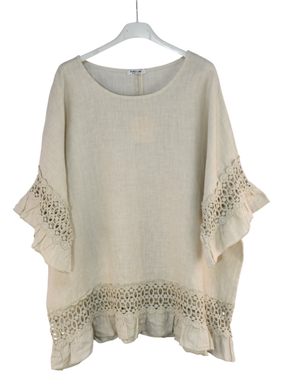 Italian Lagenlook Linen Lace Panel Oversized Summer Top