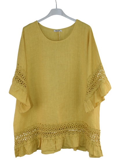 Italian Lagenlook Linen Lace Panel Oversized Summer Top