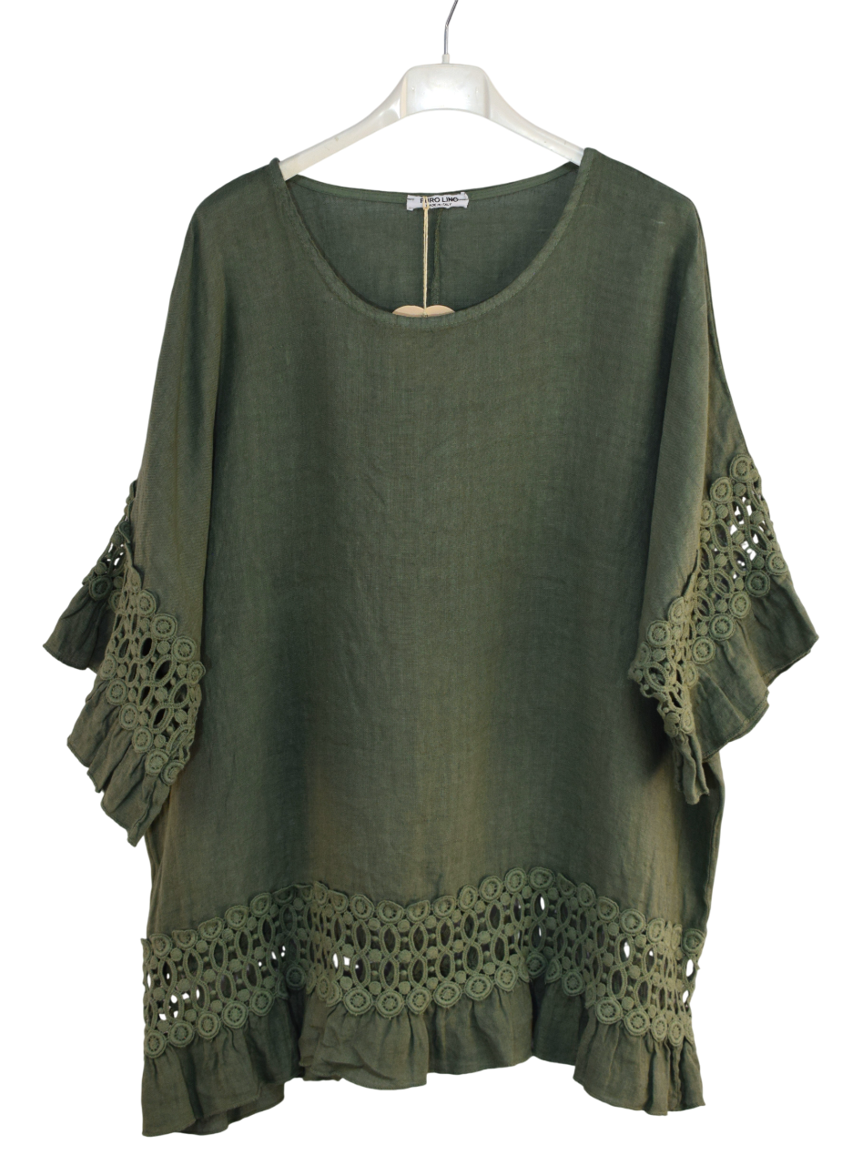 Italian Lagenlook Linen Lace Panel Oversized Summer Top
