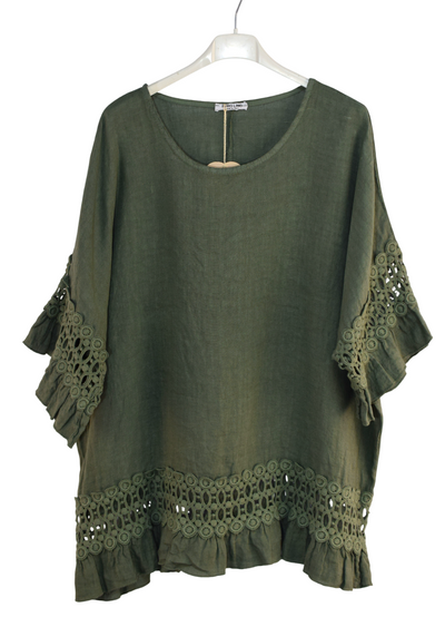 Italian Lagenlook Linen Lace Panel Oversized Summer Top