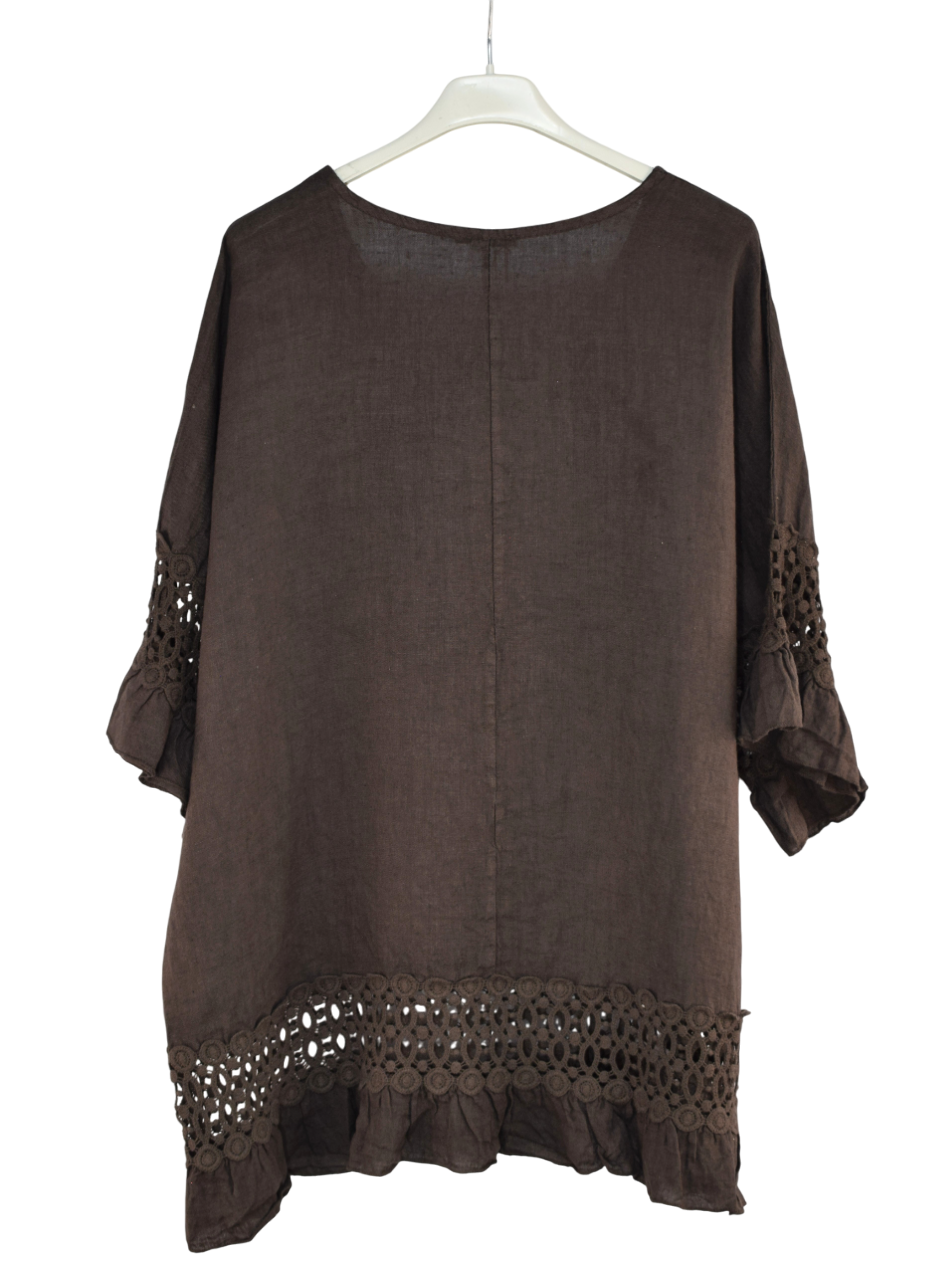 Italian Lagenlook Linen Lace Panel Oversized Summer Top