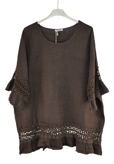 Italian Lagenlook Linen Lace Panel Oversized Summer Top