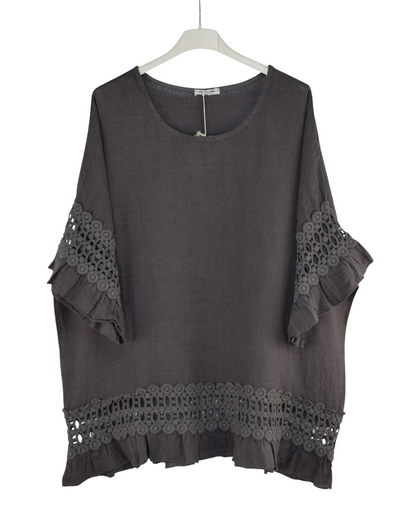 Italian Lagenlook Linen Lace Panel Oversized Summer Top