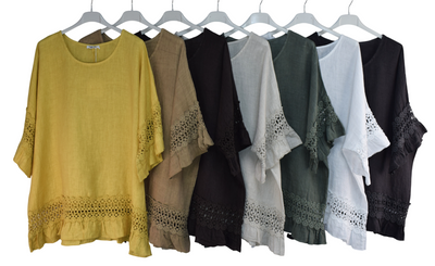 Italian Lagenlook Linen Lace Panel Oversized Summer Top