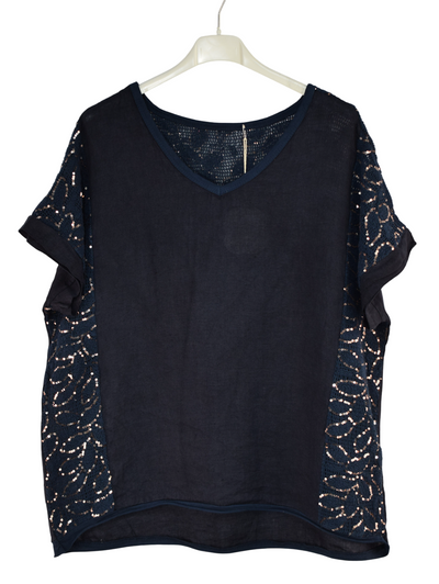 Italian Lagenlook Sequin Lace Panel Lightweight Cotton Summer Top