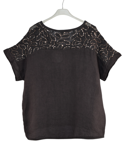 Italian Lagenlook Sequin Lace Panel Lightweight Cotton Summer Top