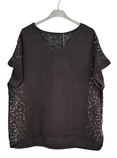 Italian Lagenlook Sequin Lace Panel Lightweight Cotton Summer Top