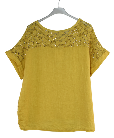 Italian Lagenlook Sequin Lace Panel Lightweight Cotton Summer Top