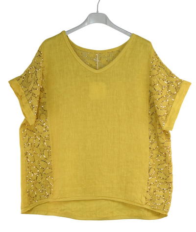 Italian Lagenlook Sequin Lace Panel Lightweight Cotton Summer Top