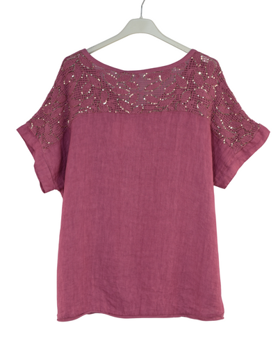 Italian Lagenlook Sequin Lace Panel Lightweight Cotton Summer Top
