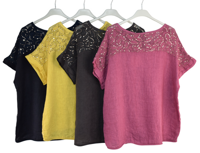 Italian Lagenlook Sequin Lace Panel Lightweight Cotton Summer Top