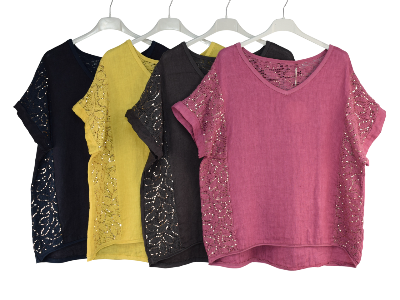 Italian Lagenlook Sequin Lace Panel Lightweight Cotton Summer Top