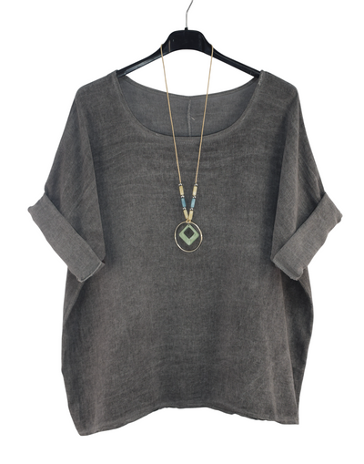Italian Lagenlook Cotton Linen Summer Top with Pendant
